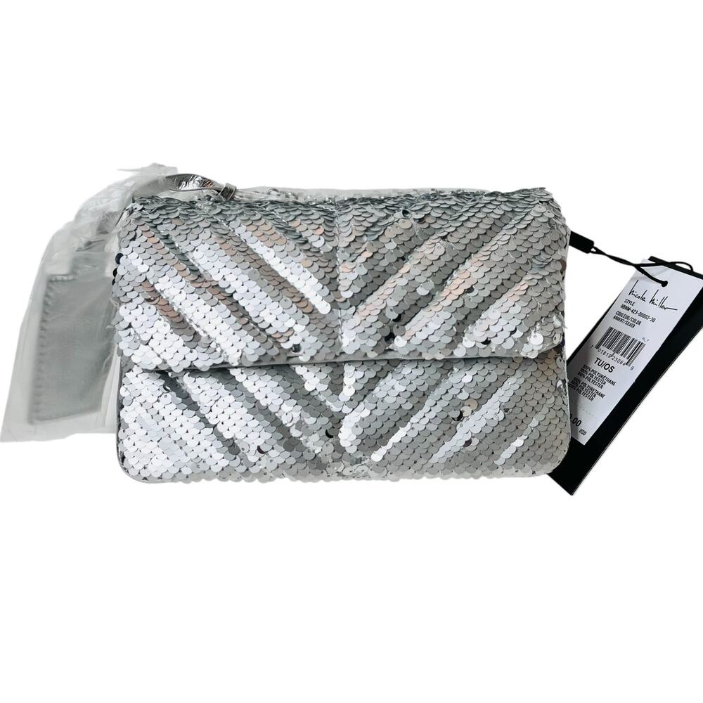 Nicole Miller Silver Sequin Chain Strap Small Crossbody Bag Purse